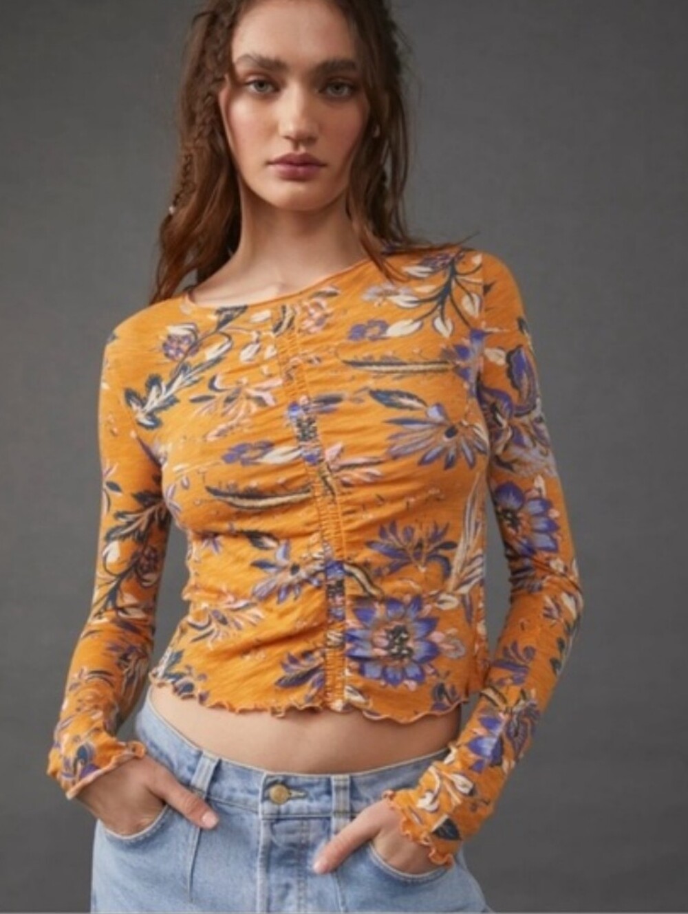 Free People Dreamed Of You Floral Ruched Long Sleeve Cotton Blend Tee Large